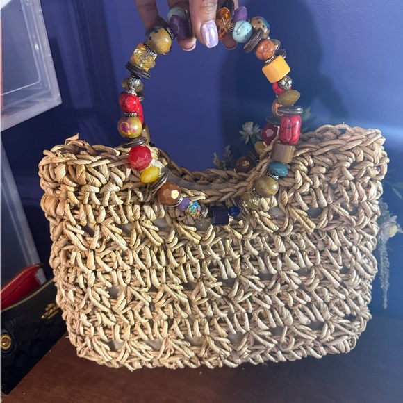 Cappelli Straworld Handbags - Cappelli StrawWorld Beaded Handle Woven Straw Bag